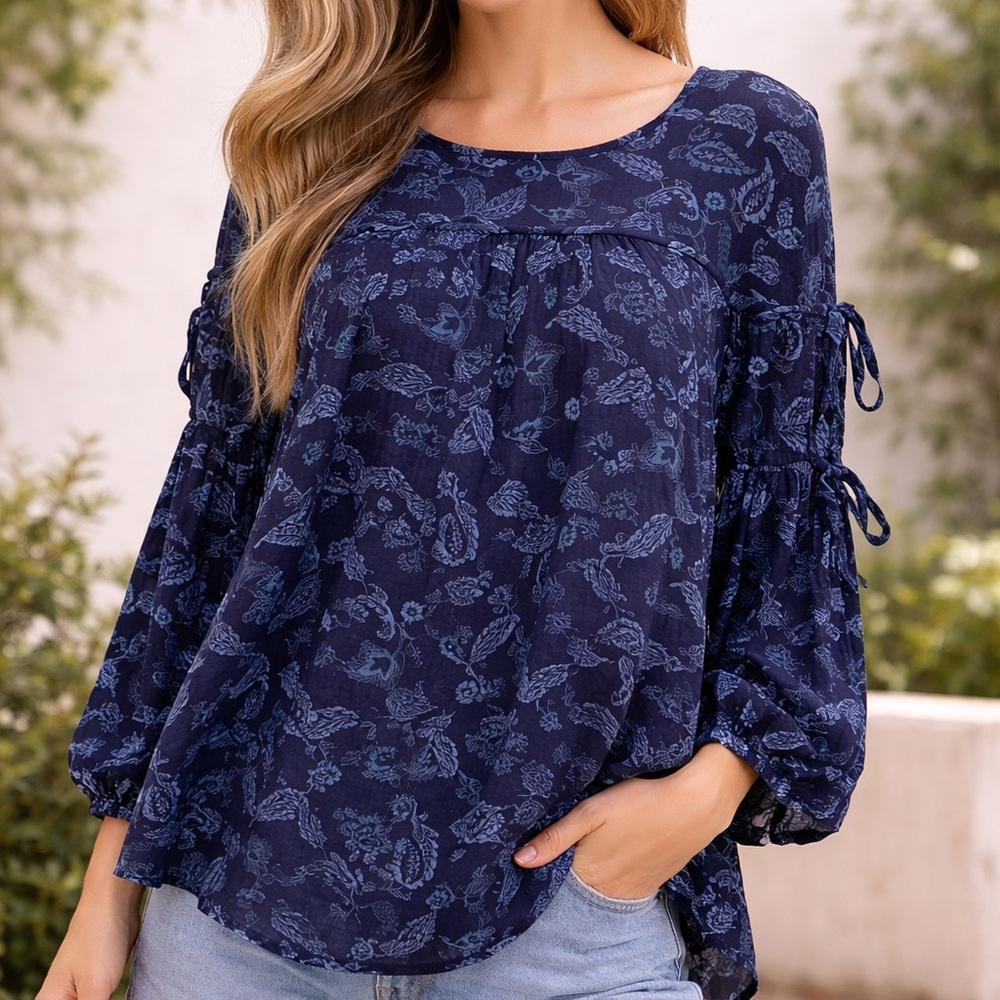 Women's Navy Floral Tie-Sleeve Blouse